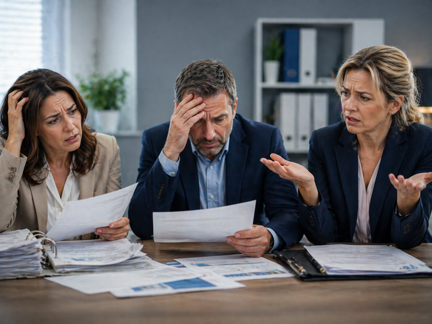Confused business owners reviewing paperwork while trying to understand complex healthcare training requirements in an office setting