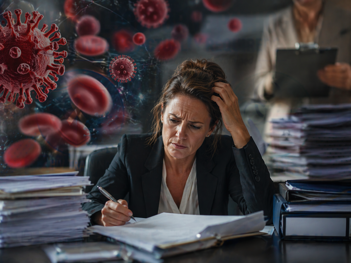 Healthcare administrator reviewing paperwork with HIV virus and blood cell imagery in the background, representing confusion over training requirements