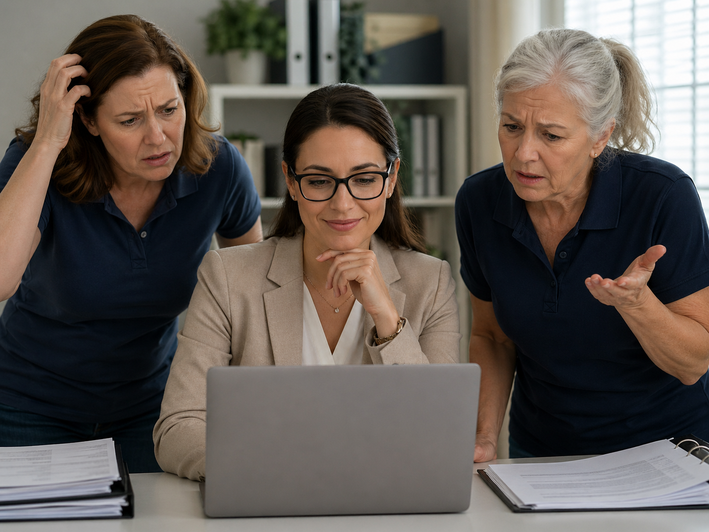 Confident nurse registry owner reviewing information while two confused in-home care providers look on in an office setting