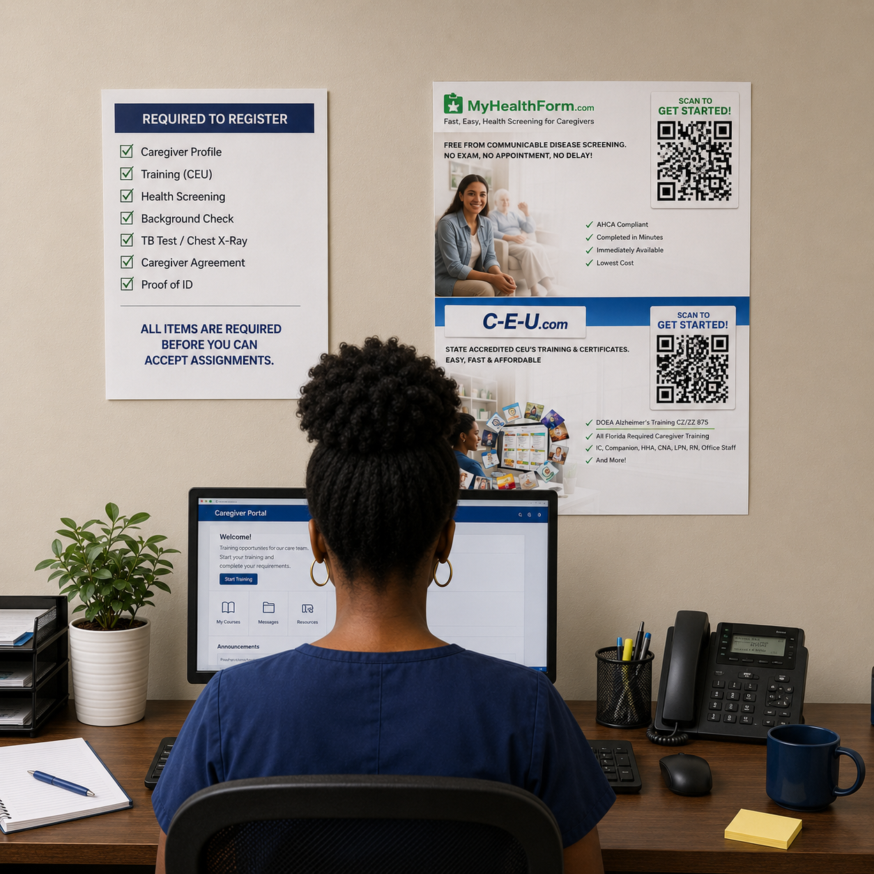 caregiver seated at a caregiver registration workstation facing a computer monitor, with printed onboarding and compliance posters mounted on the wall including a “Required to Register” checklist and MyHealthForm.com/C-E-U.com QR code materials in a professional office setting.