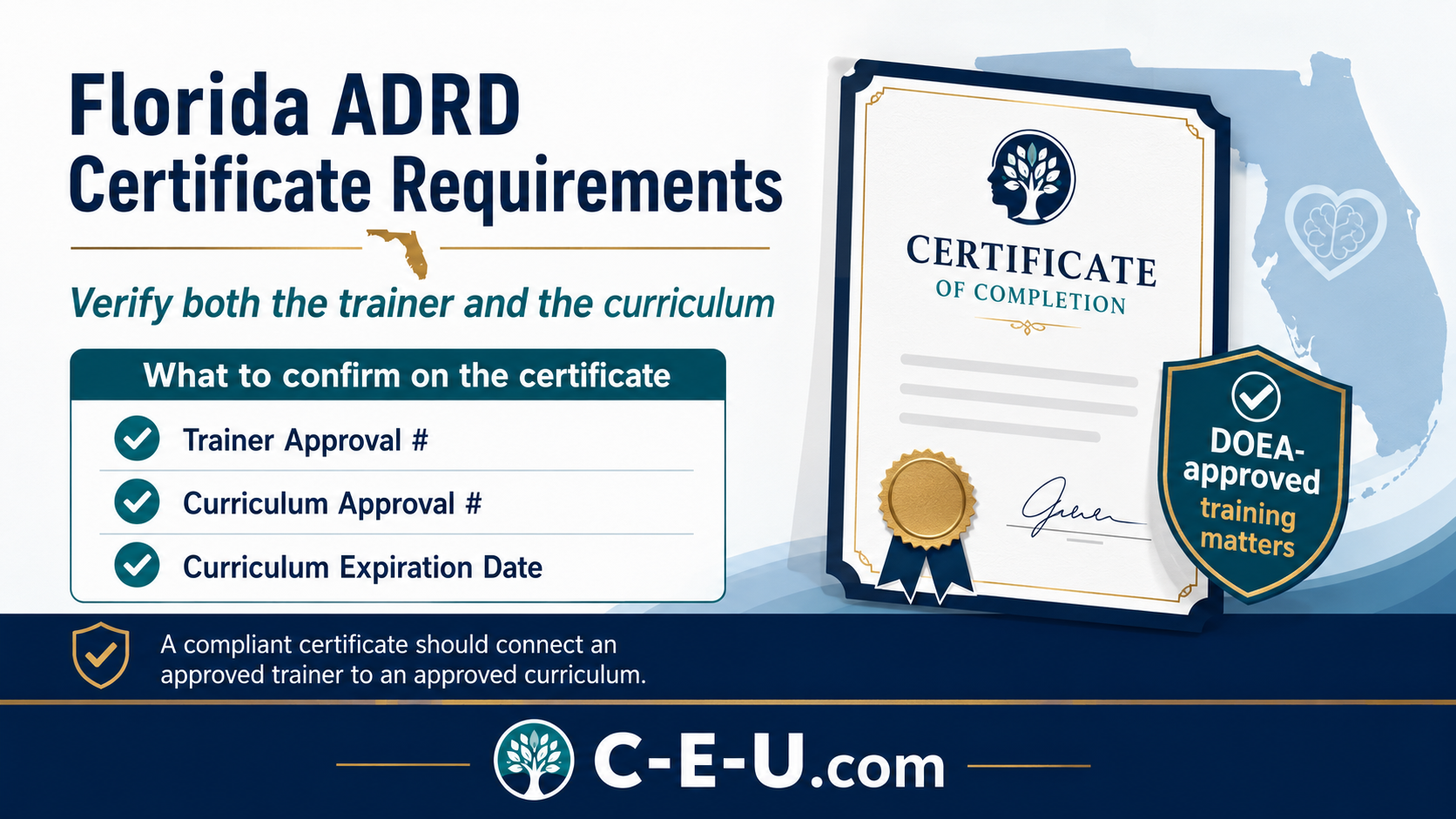 Florida ADRD certificate requirements showing trainer approval number, curriculum approval number, and curriculum expiration date