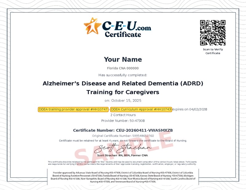 Sample C-E-U.com 2-hour ADRD certificate with the DOEA trainer approval number and DOEA curriculum approval number highlighted