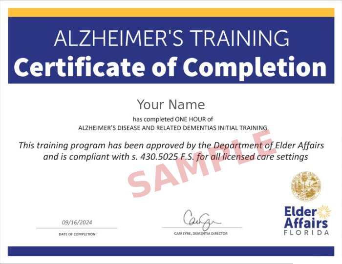 Sample Florida DOEA 1-hour Alzheimer's training Certificate of Completion
